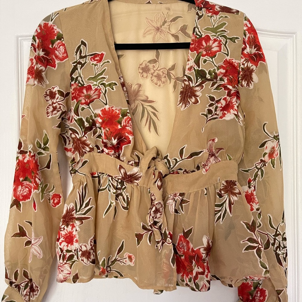 Tan Semi Sheer Tie Floral Blouse
